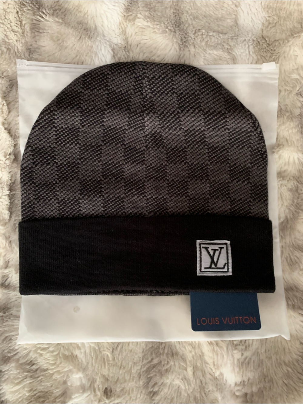 Louis Vuitton Men’s Black & Gray Checker Knit Beanie